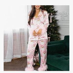 Women's Pink Feather Trim Pajama Set